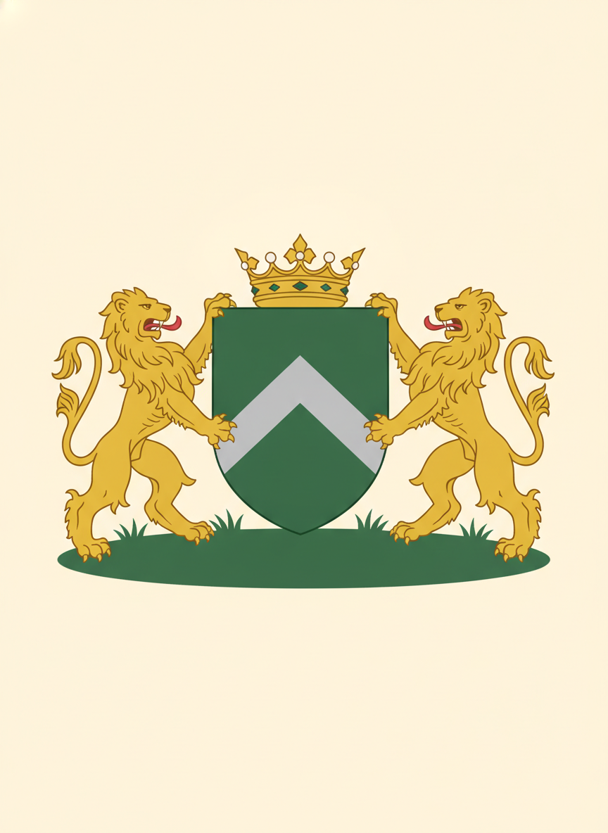 Coat of arms maker example — a green shield with a silver chevron flanked by two gold lion supporters on a grassy compartment beneath a crown