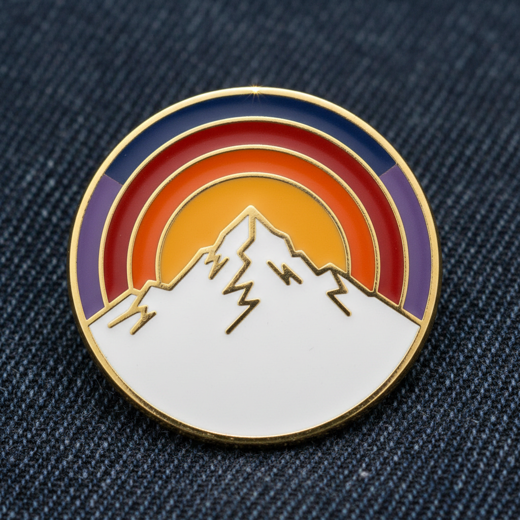 Hard enamel lapel pin on denim showing a snow-capped mountain against a sunset, with thick gold metal outlines separating flat colour fields