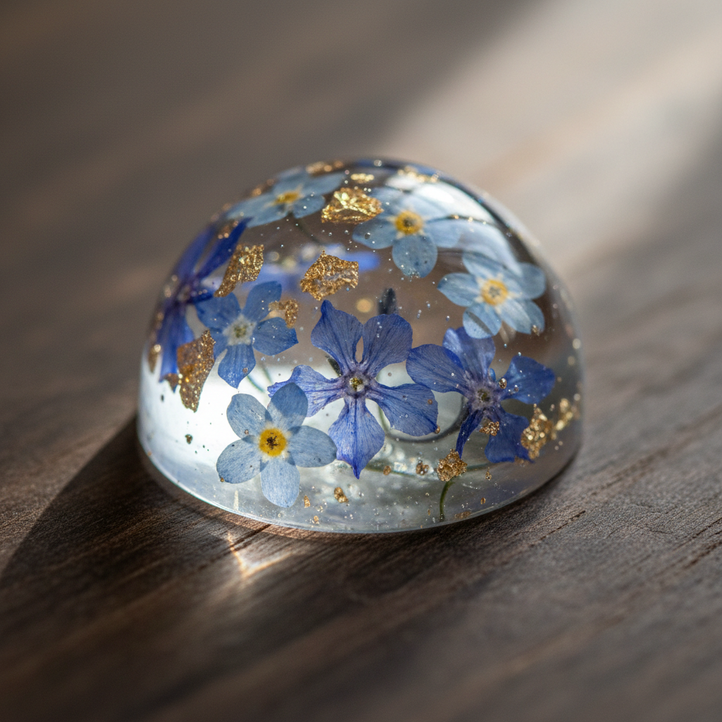 Small-scale image of a clear resin charm pendant holding pressed blue flowers and gold leaf suspended inside the dome