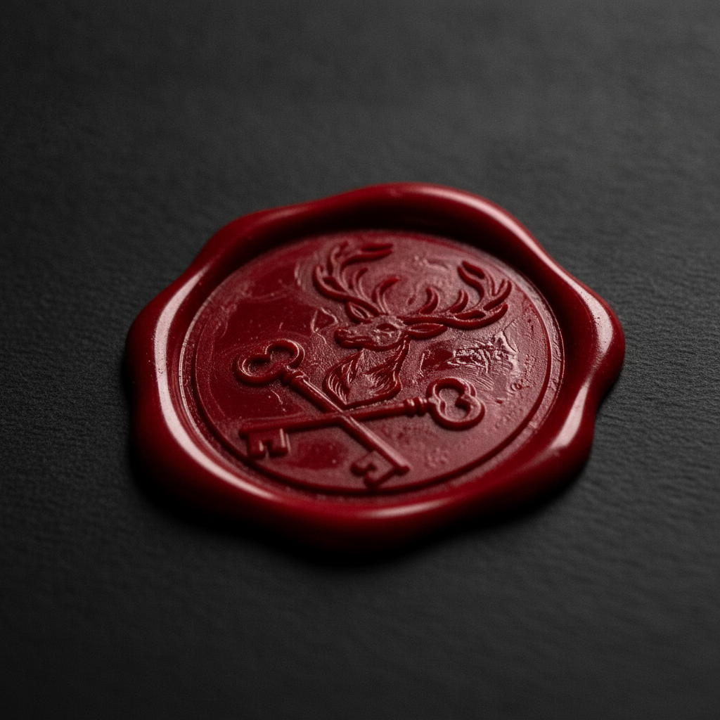 Crimson wax seal pressed into dark paper with a heraldic stag and crossed keys in crisp relief under raking side light