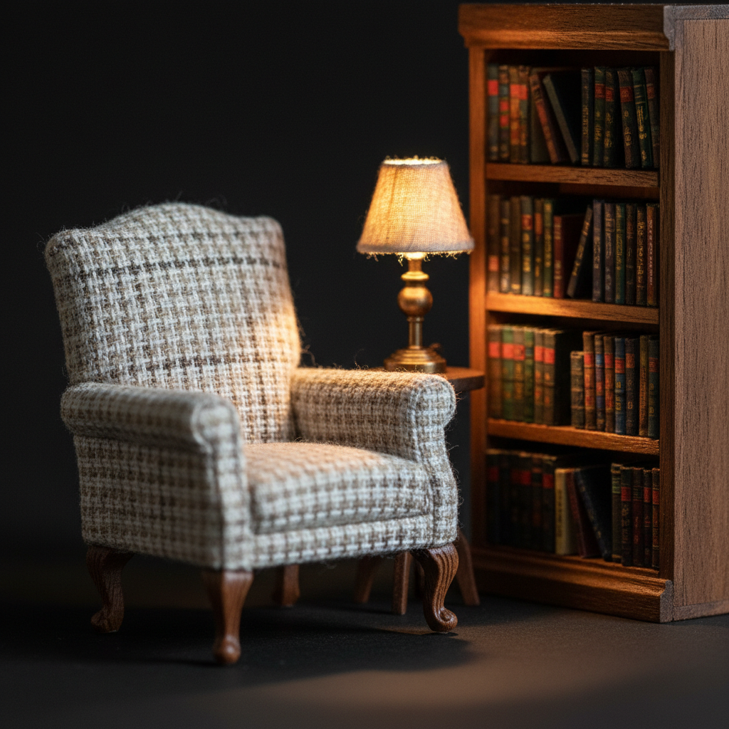 Detailed miniature image of a one-twelfth scale dollhouse reading nook with a tiny armchair, bookshelf and glowing micro lamp