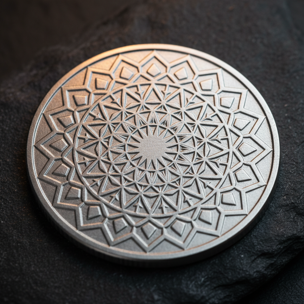 AI precision art example — laser-engraved brushed titanium token with a concentric geometric mandala relief shot in extreme macro