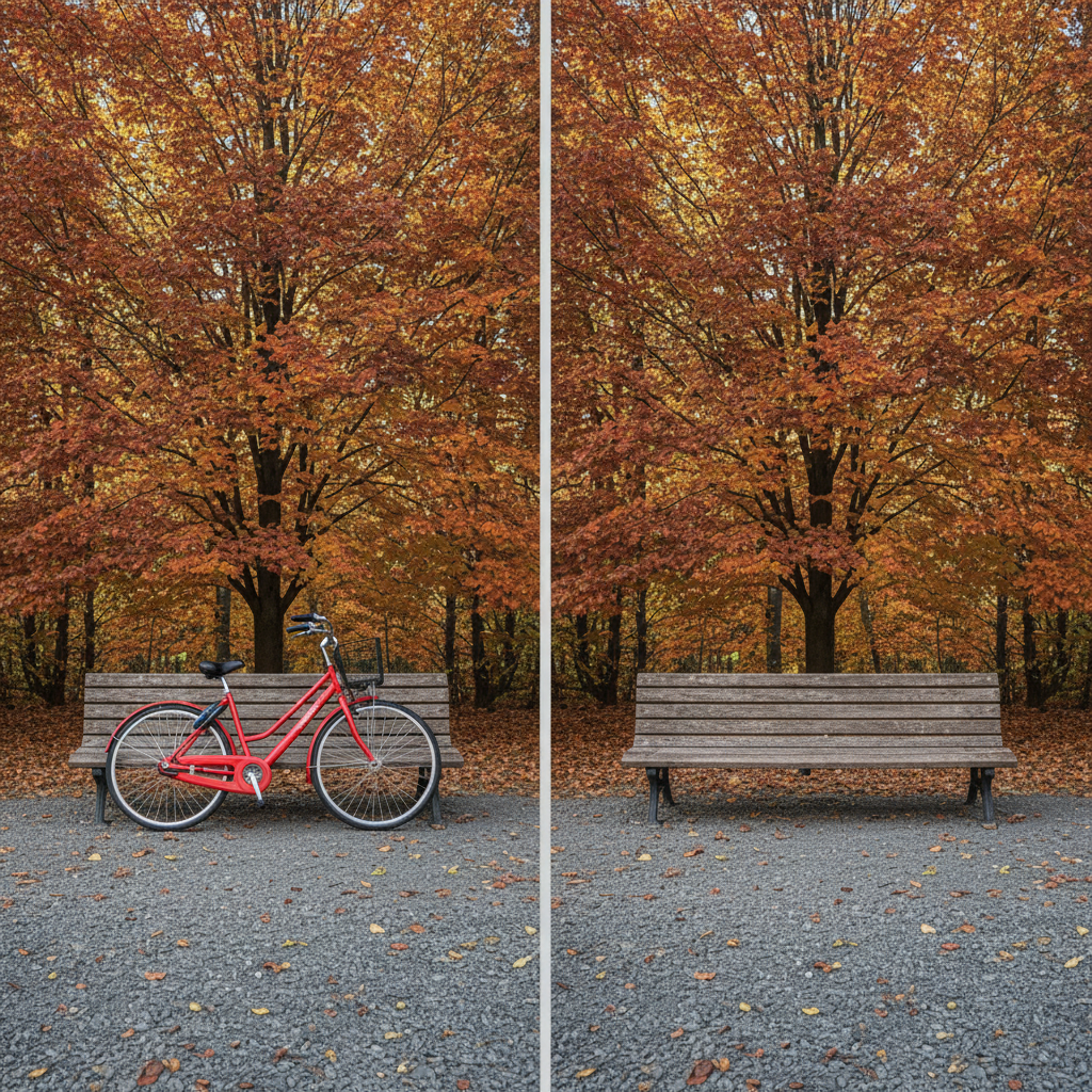 Bing Image Creator alternative editing test — a split frame of a park bench in autumn with a red bicycle on the left and the same bench with the bicycle removed on the right