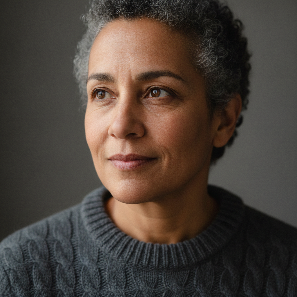GOT IMAGE 2 vs Bing Image Creator quality test — a photorealistic portrait of a middle aged person with short grey curly hair in a charcoal knitted jumper
