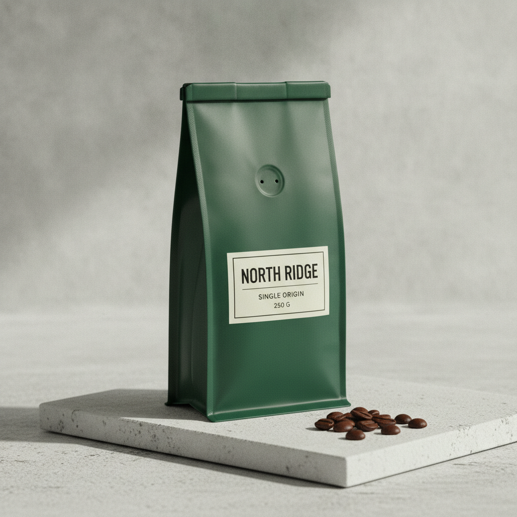 GOT IMAGE 2 product photography example — a dark green coffee bag on pale concrete with a cream label reading NORTH RIDGE, SINGLE ORIGIN, 250 G
