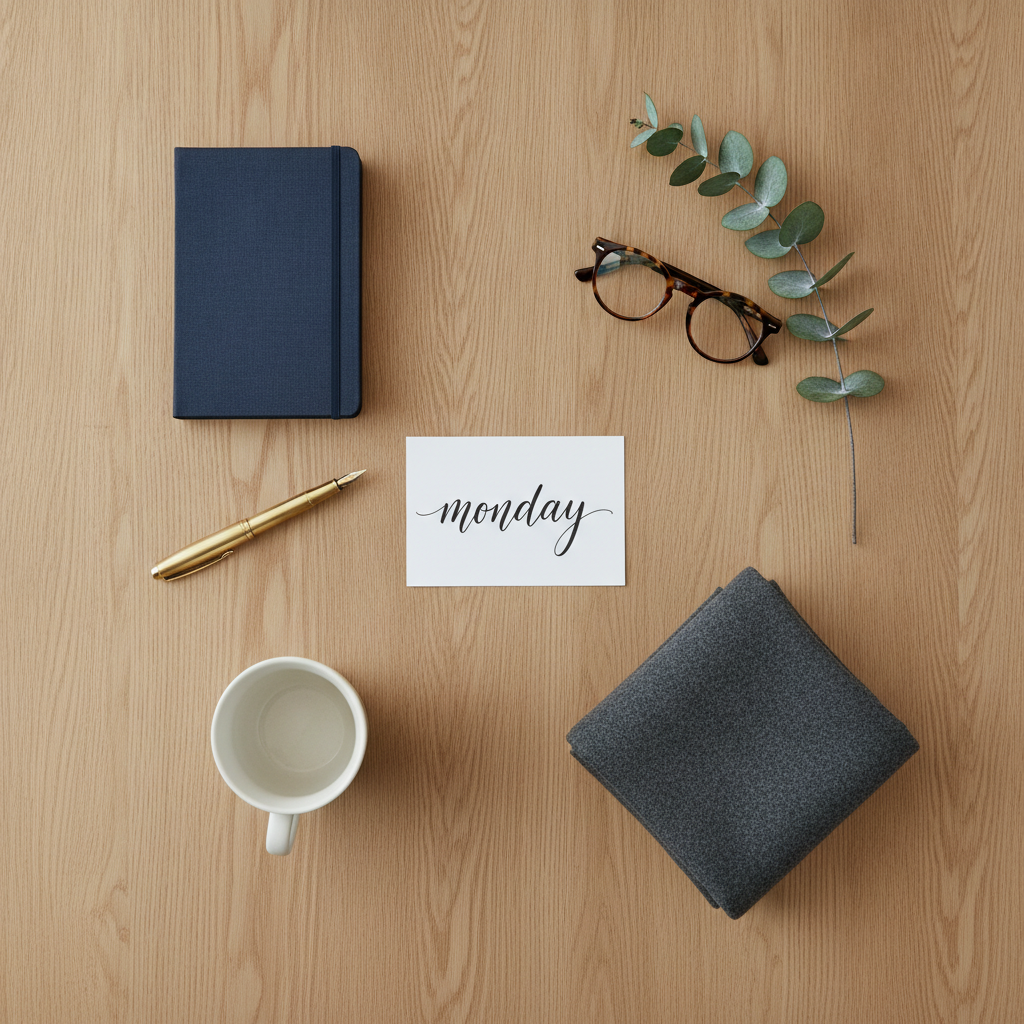 AI flat lay example — an overhead desk scene with exactly six objects and a white card reading monday in cursive script