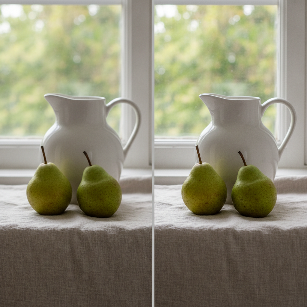 AI image generator comparison test — a split frame showing the same still life of a white jug and two pears twice, with visible differences between the two halves