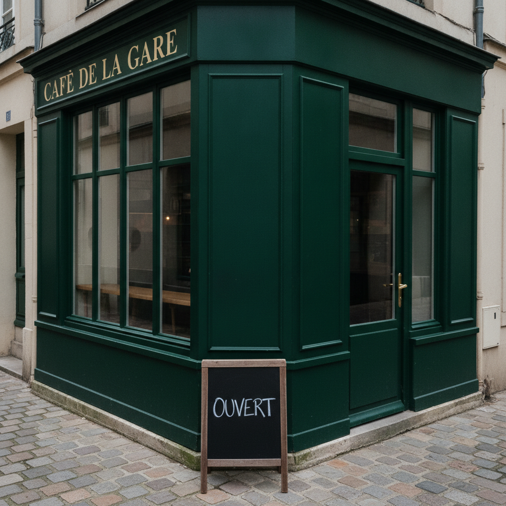 Seedream comparison accent test — a dark green Parisian corner cafe with gold painted capitals reading CAFE DE LA GARE on the fascia and a chalkboard reading OUVERT on the pavement