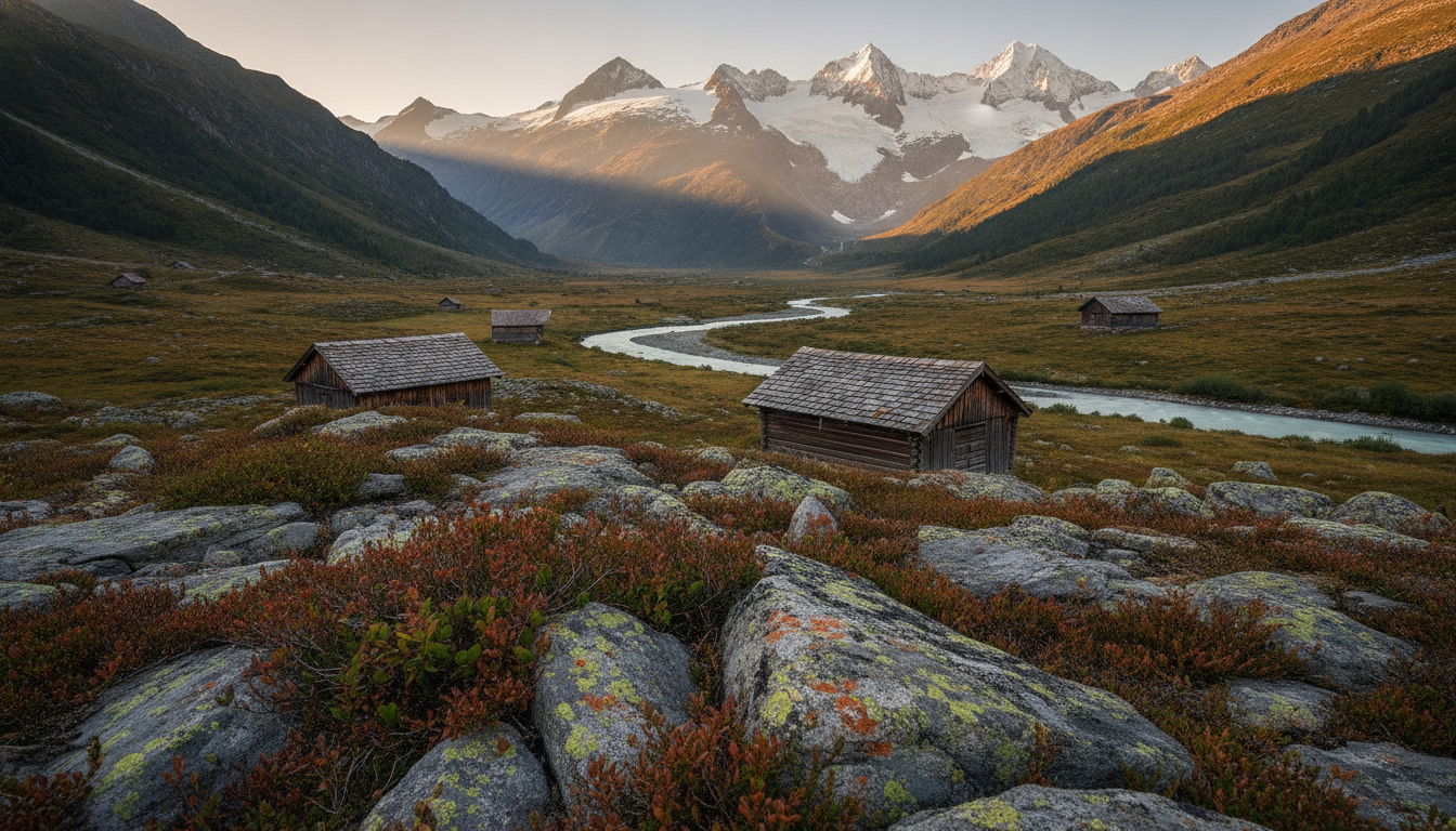 Seedream alternative resolution test — a wide 16:9 alpine valley at sunset with lichen covered granite in the foreground, wooden farm huts and a braided river in the middle distance, and snow capped peaks behind