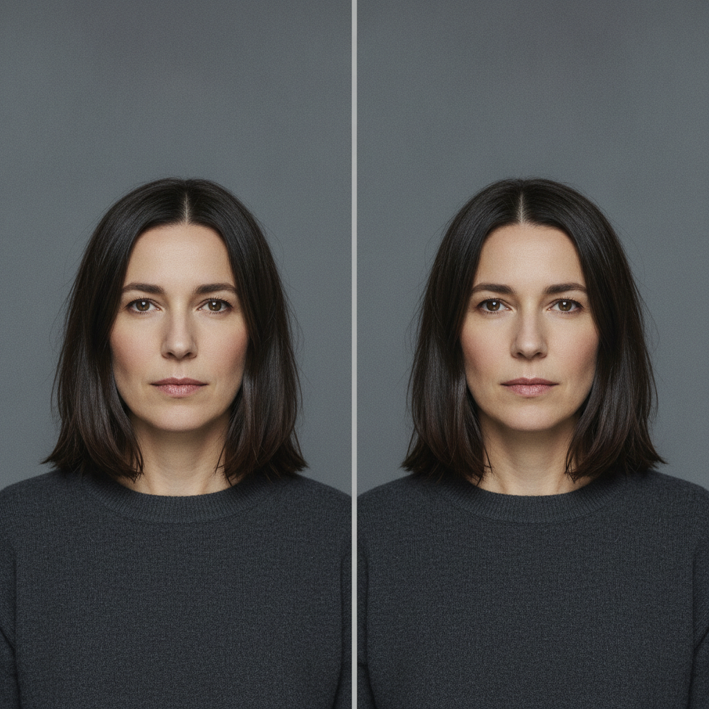 GOT IMAGE 2 vs Seedream consistency test — a split frame showing the same studio portrait of a dark haired woman in a charcoal jumper twice, once on each side of a thin grey divider