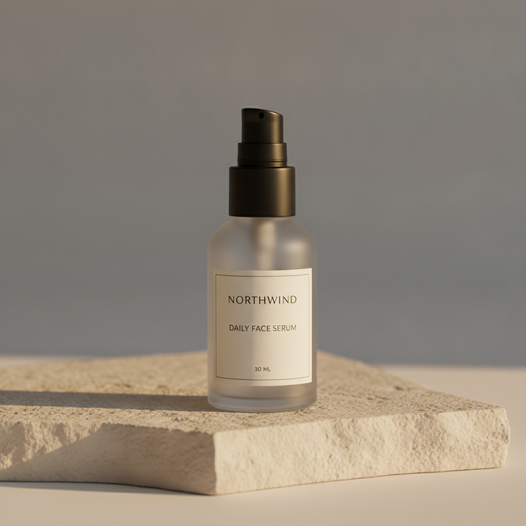 GOT IMAGE 2 text rendering test — a frosted glass serum bottle on pale limestone with a cream label reading NORTHWIND, DAILY FACE SERUM and 30 ML
