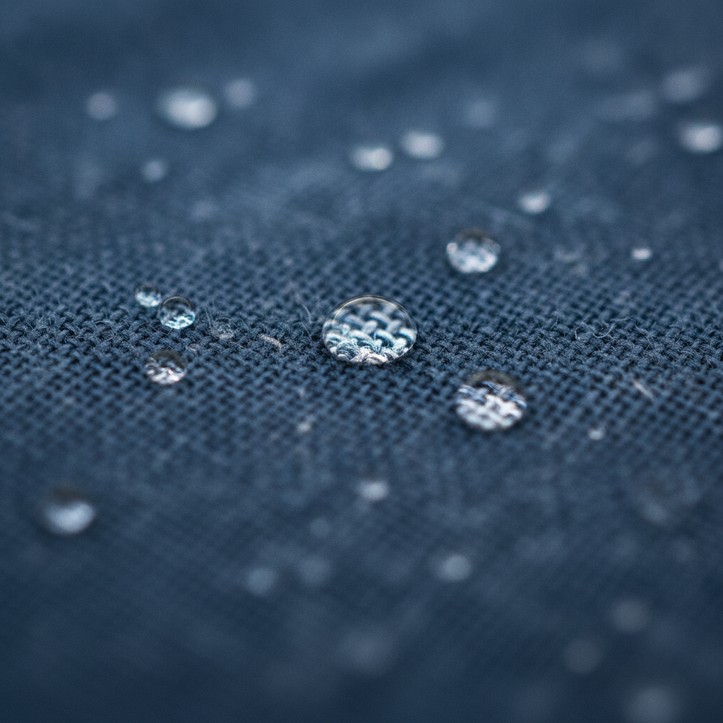Photorealism test for a Seedream alternative — an extreme macro of indigo linen weave with water droplets magnifying the threads beneath them