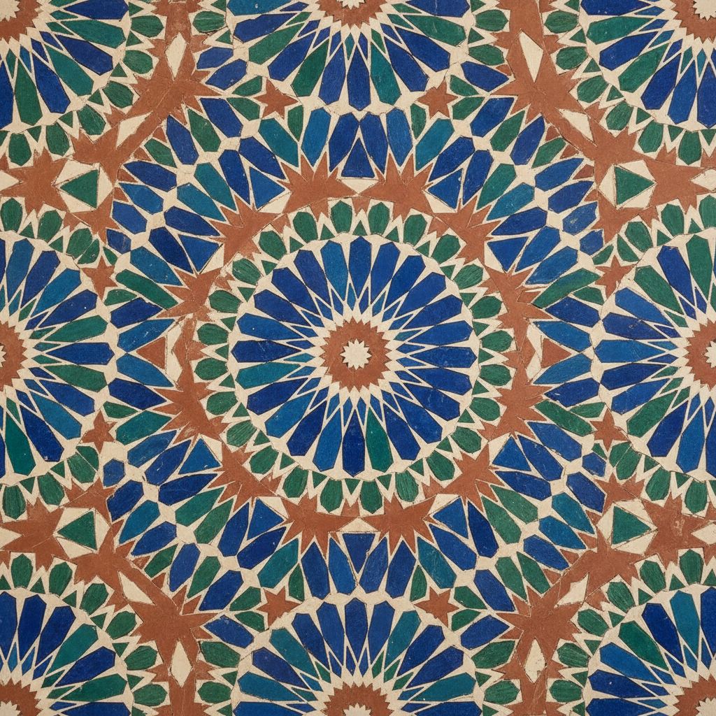 Multicultural image generation example — Moroccan zellige tile mosaic with interlocking star geometry in cobalt, emerald and gold