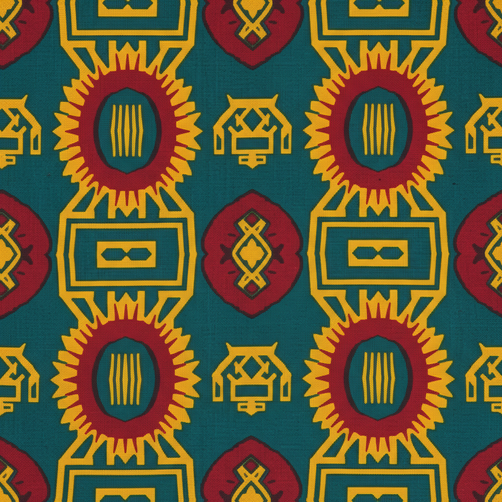 AI cultural art example — West African wax print textile pattern with bold repeating motifs in ochre, teal and crimson