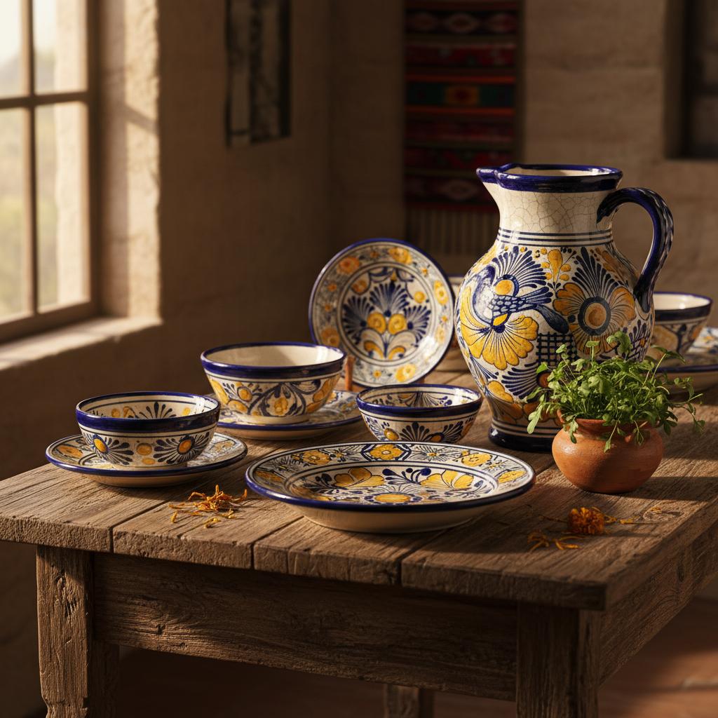 Global art creation example — Mexican Talavera pottery still life with hand-painted blue and yellow floral ceramics on rustic wood