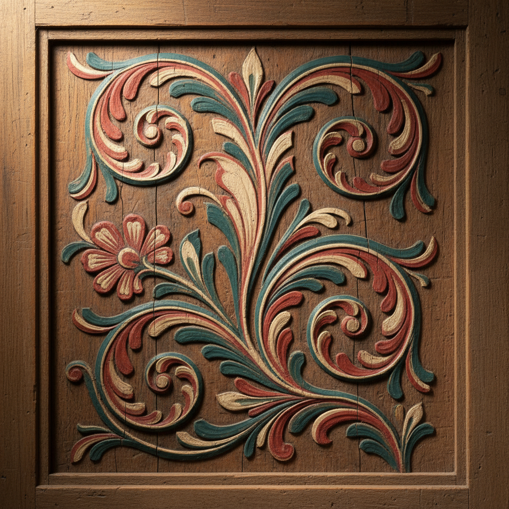 Diverse art styles example — Scandinavian rosemaling woodcarving panel with flowing painted scrollwork in red, teal and white on aged pine