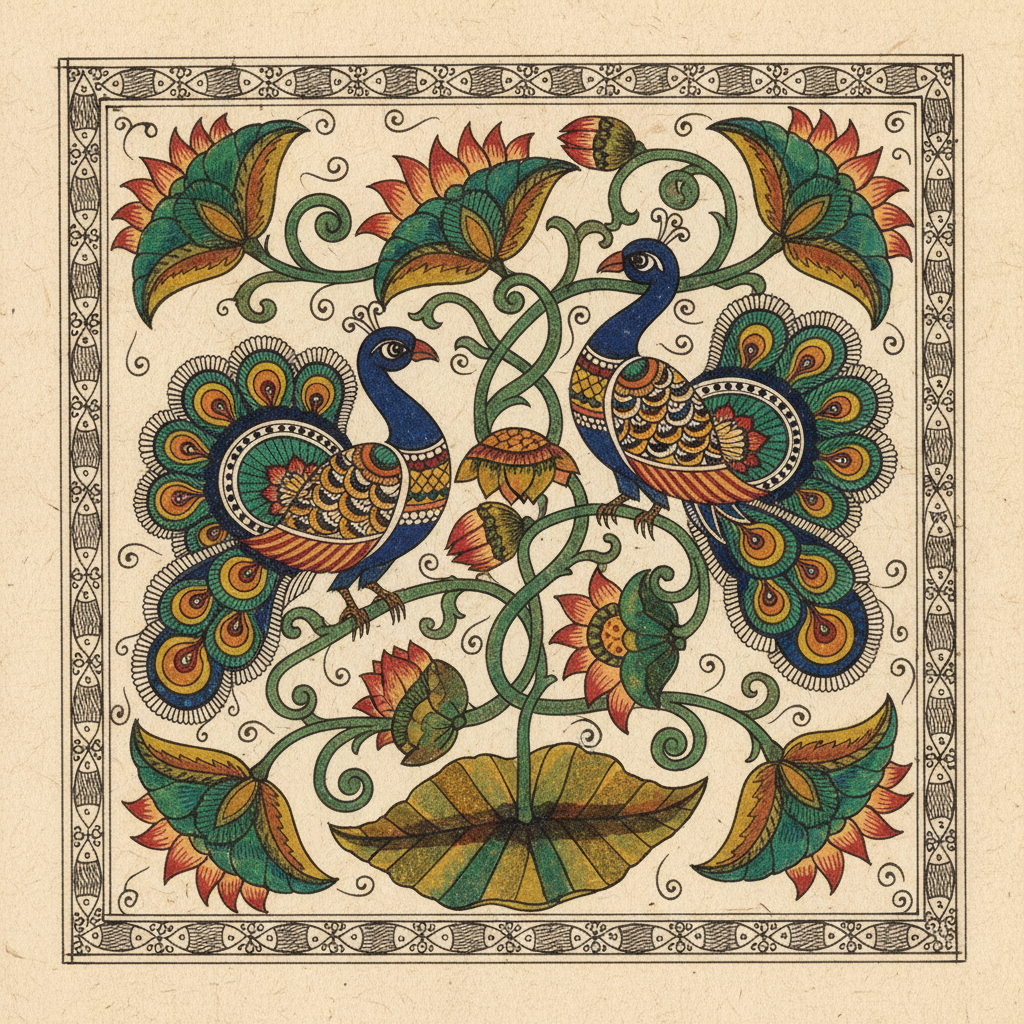Cultural image AI example — Madhubani painting of peacocks and lotus vines in fine black linework with vivid natural pigments