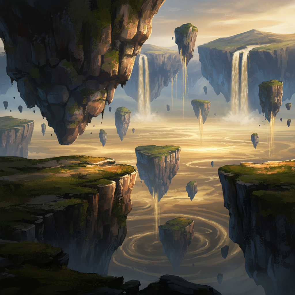 AI art features example — fantasy concept landscape with floating stone islands above golden mist and distant waterfalls
