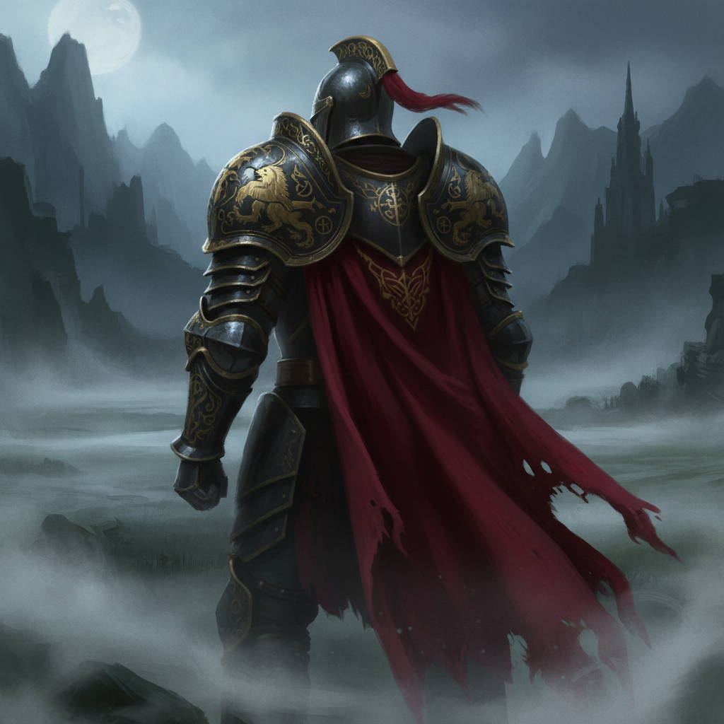 Digital art platforms example — ornate armored knight seen from behind with engraved gold and blackened steel pauldrons in low fog