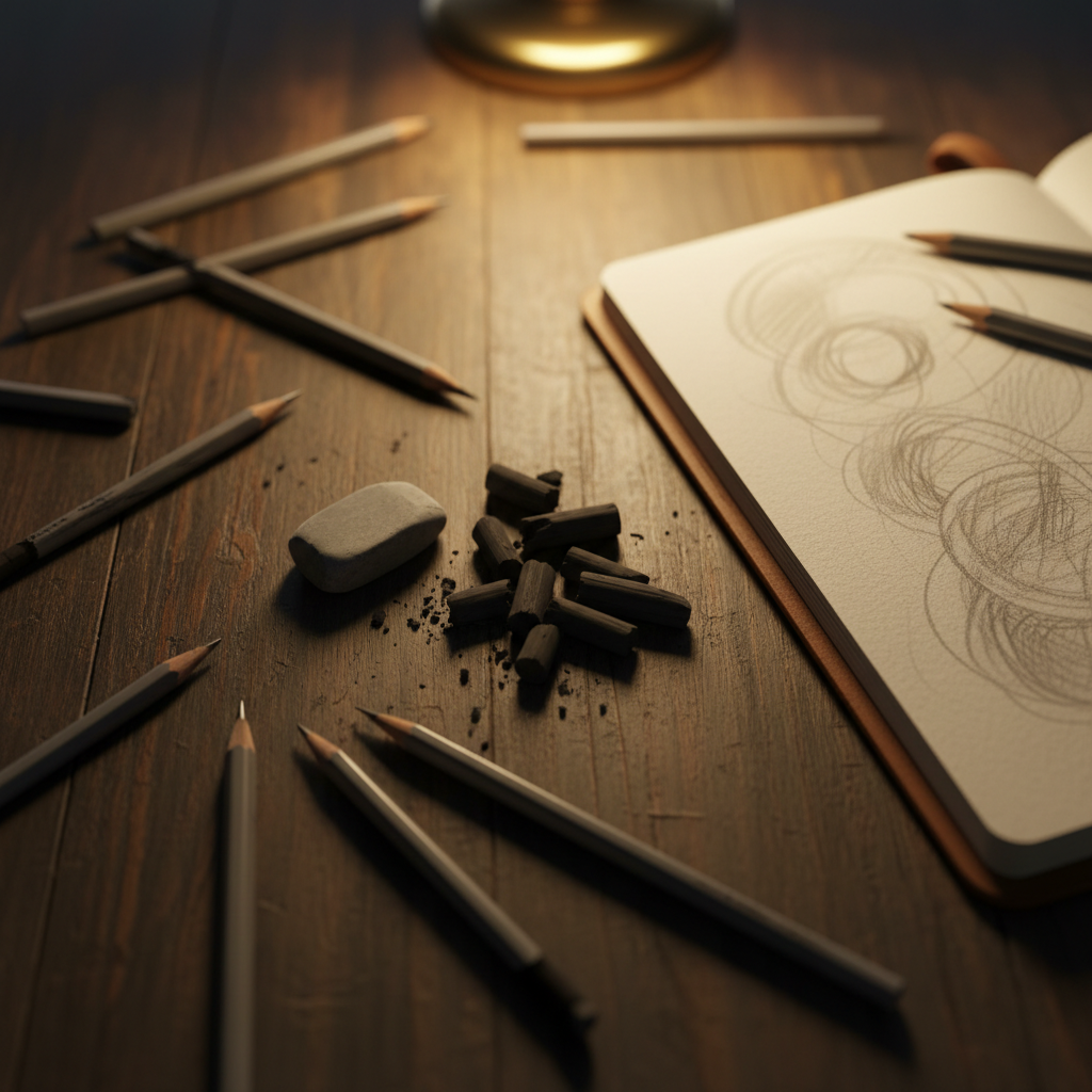 Art platform comparison — overhead flat-lay of graphite pencils, charcoal sticks and an open sketchbook on dark wood under warm lamp light