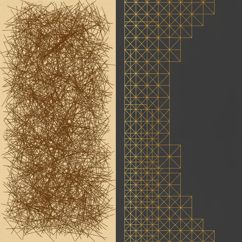 Art creation AI concept — split composition with hand-drawn crosshatched ink on the left and a crisp geometric amber lattice on the right