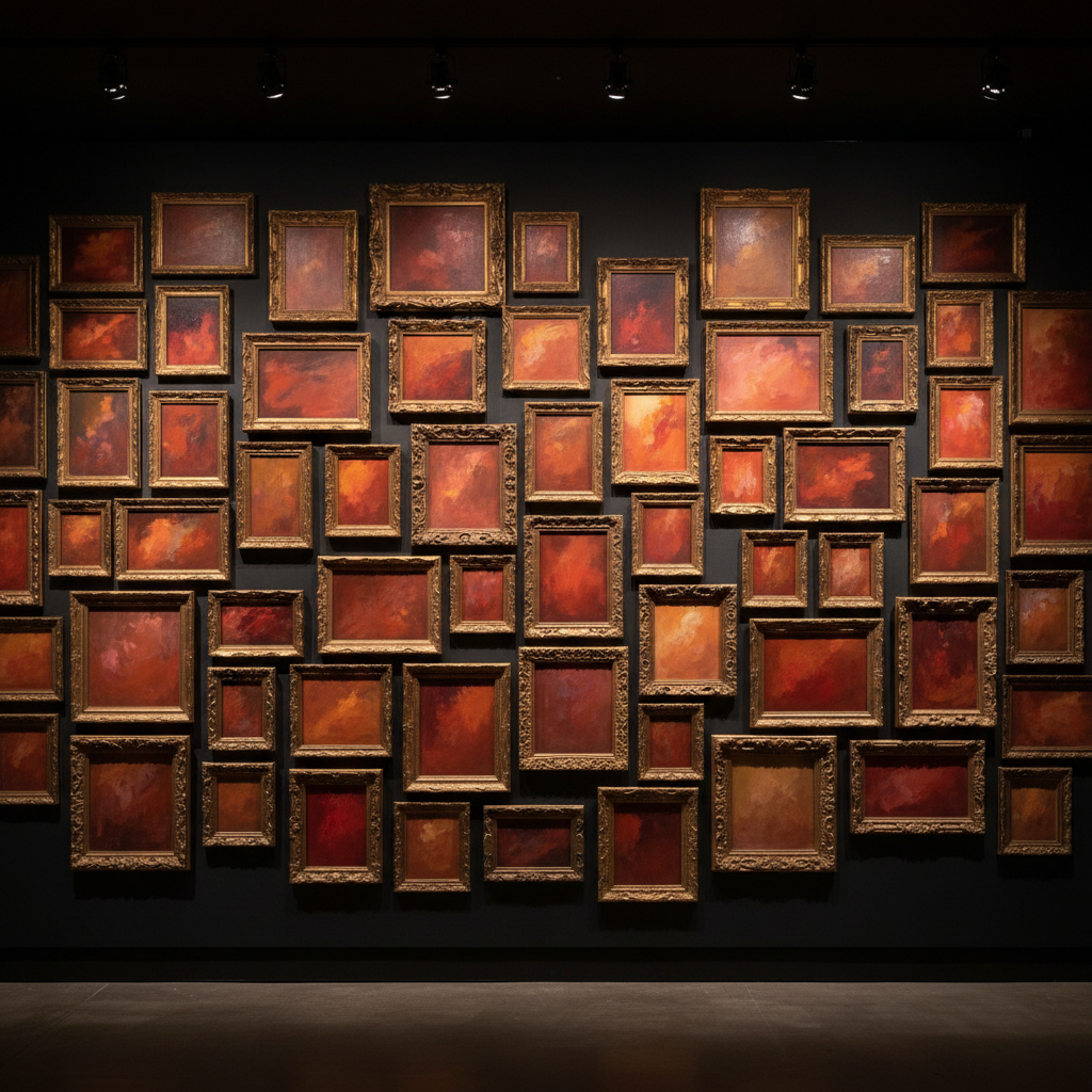 Creative tools comparison — dark gallery wall hung with dozens of ornate gold frames holding abstract colour fields under warm spotlights