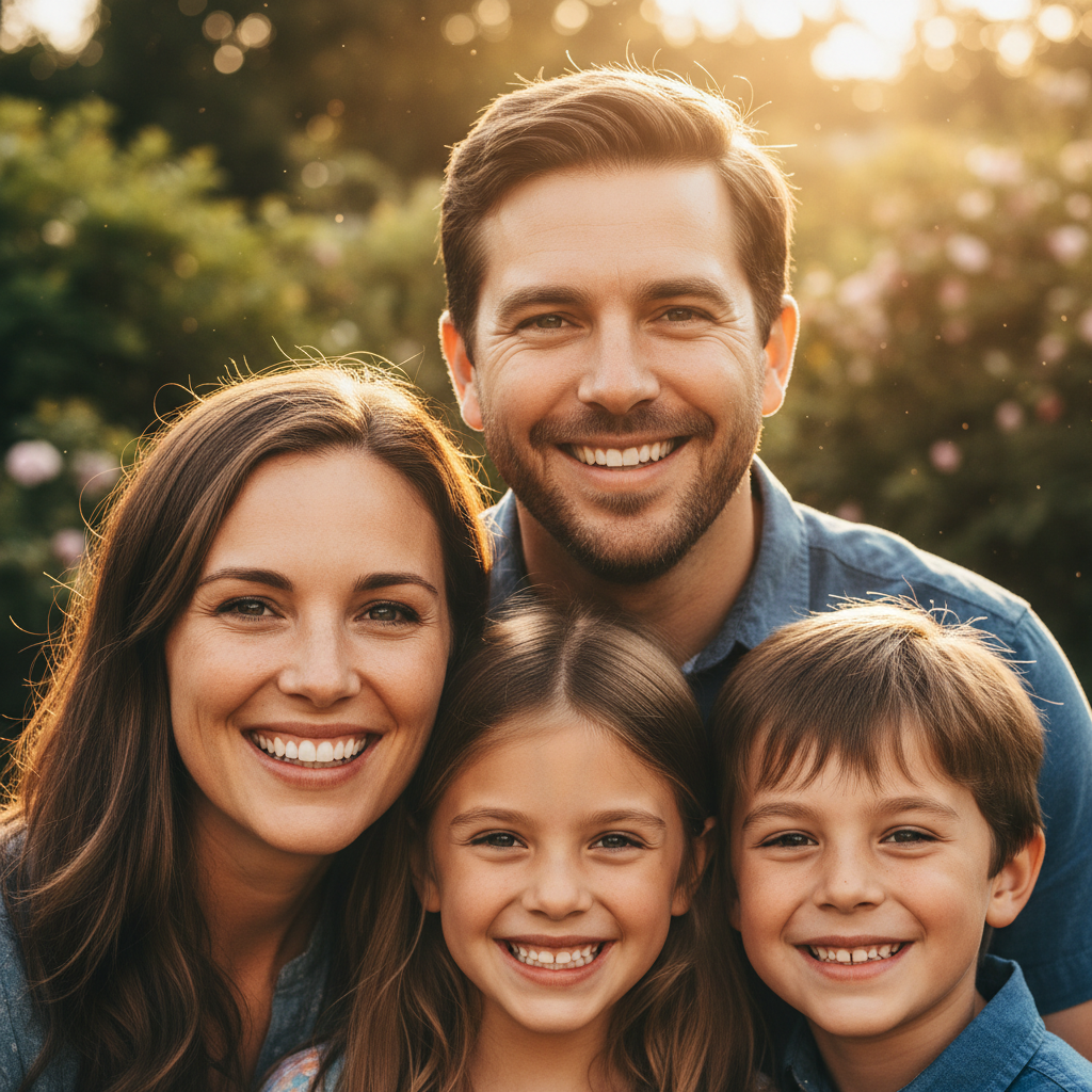 AI digital portrait enhancer family portrait with sharp faces, natural skin tones and golden hour park lighting in photo album quality