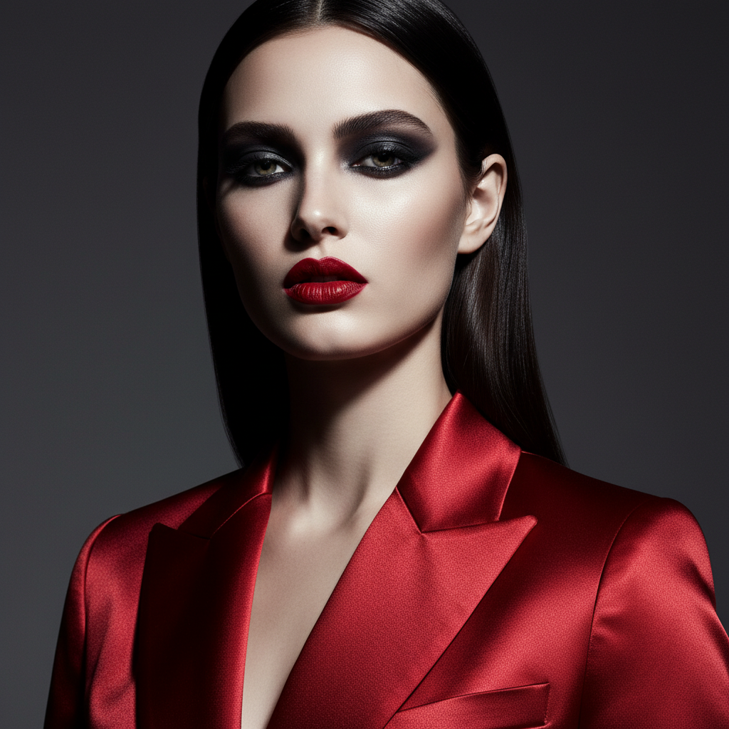 AI digital portrait enhancer fashion editorial portrait with bold makeup detail, porcelain skin and dramatic studio lighting in Vogue quality