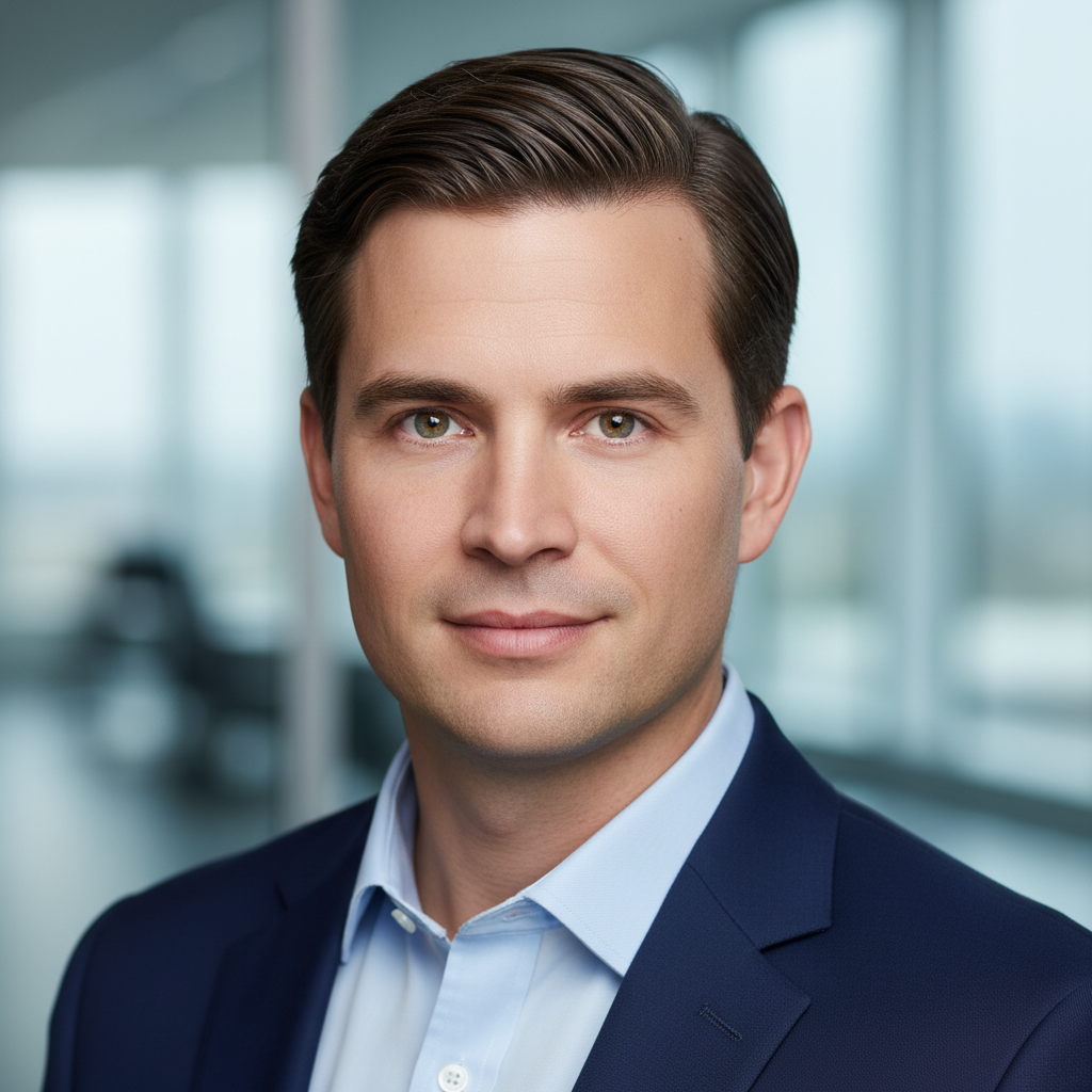AI digital portrait enhancer corporate LinkedIn headshot with retouched skin, sharp eyes and polished bokeh office background