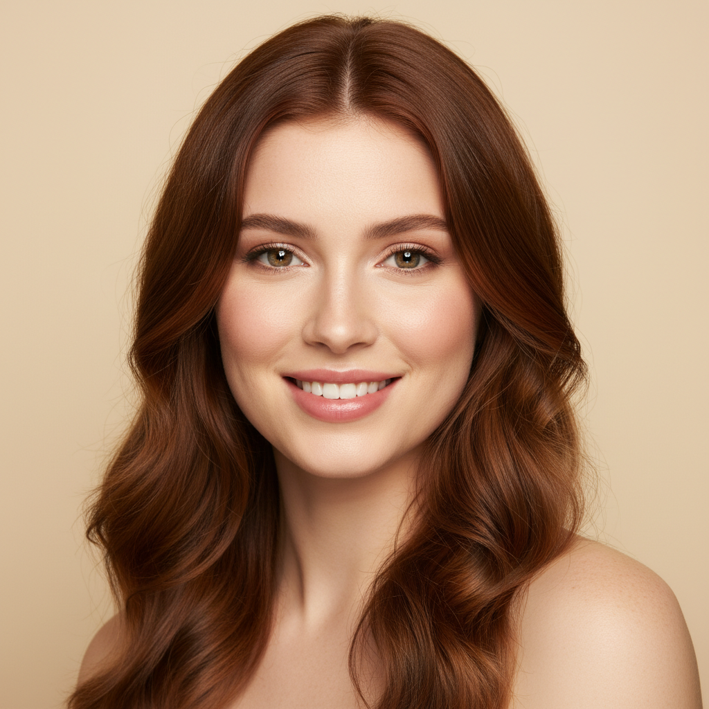 AI digital portrait enhancer output of a studio portrait with razor-sharp eyes, even skin tone and creamy beige background in magazine cover quality