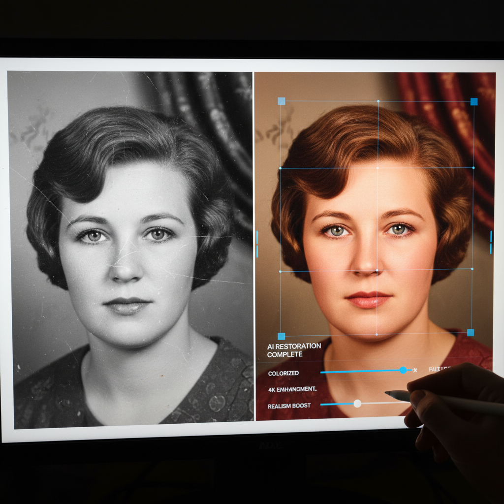 AI digital portrait enhancer restoring a faded 1960s family black and white photo into a vibrant colorized 4K portrait with natural skin tones