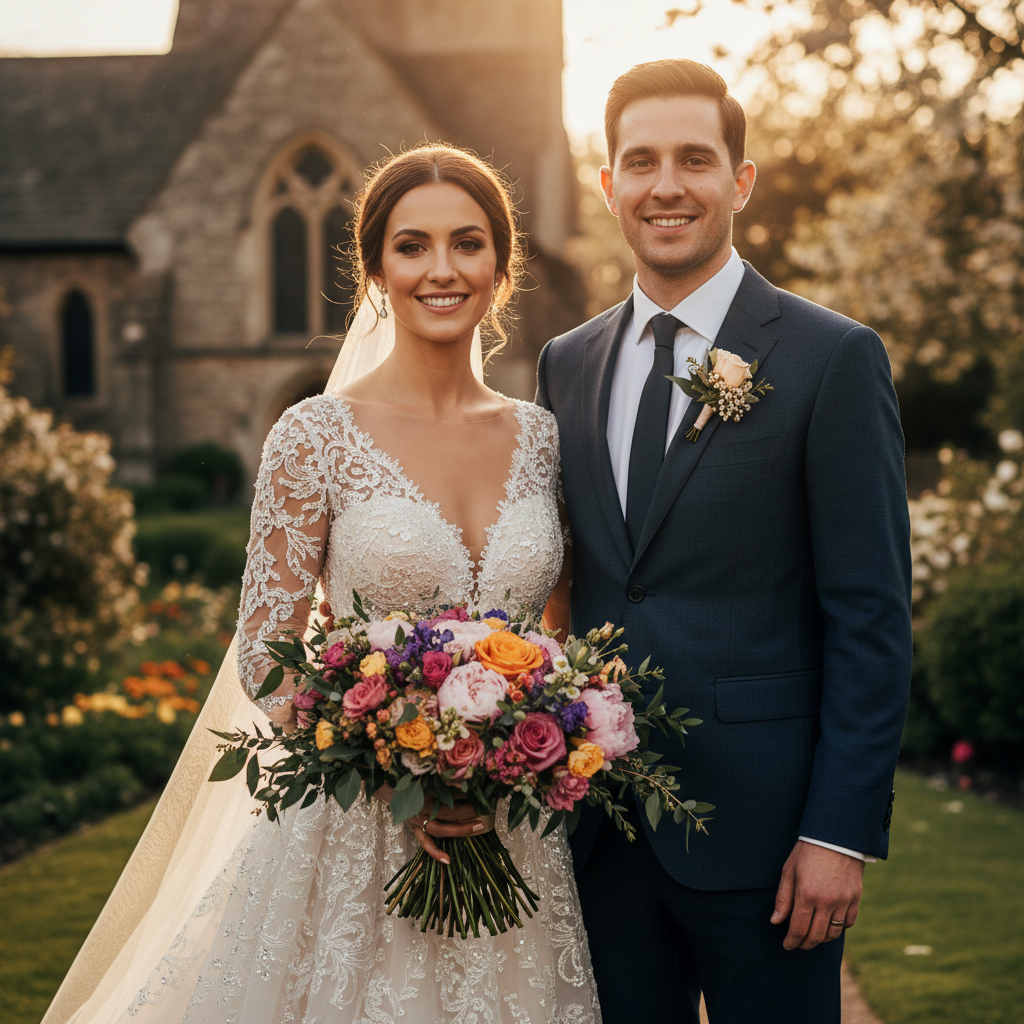 AI digital portrait enhancer wedding portrait with lace gown details, glowing skin and golden hour lighting in luxury magazine quality