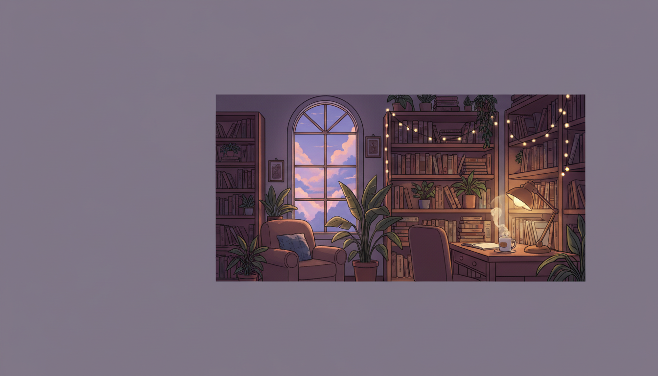 AI Discord banner generator example — a cosy lo-fi anime study room illustration floating on a flat lavender field
