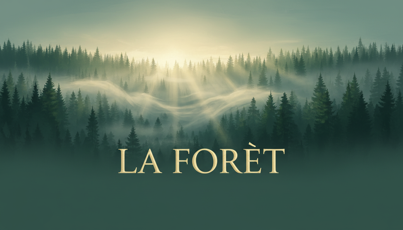 AI Discord banner generator example — a misty pine forest banner lettered LA FORET with a grave accent instead of the requested circumflex