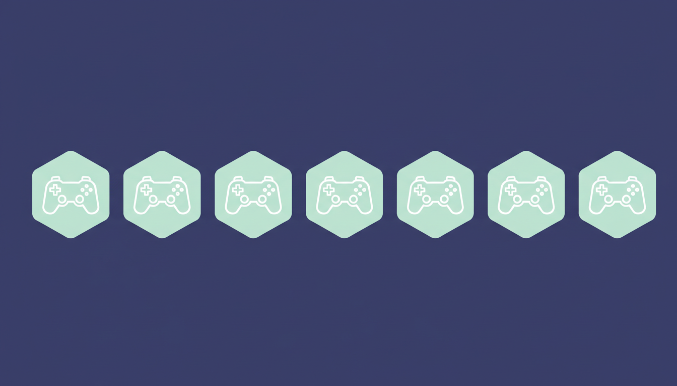AI Discord banner generator example — a row of mint hexagonal game controller badges on indigo, sized for a Discord server banner