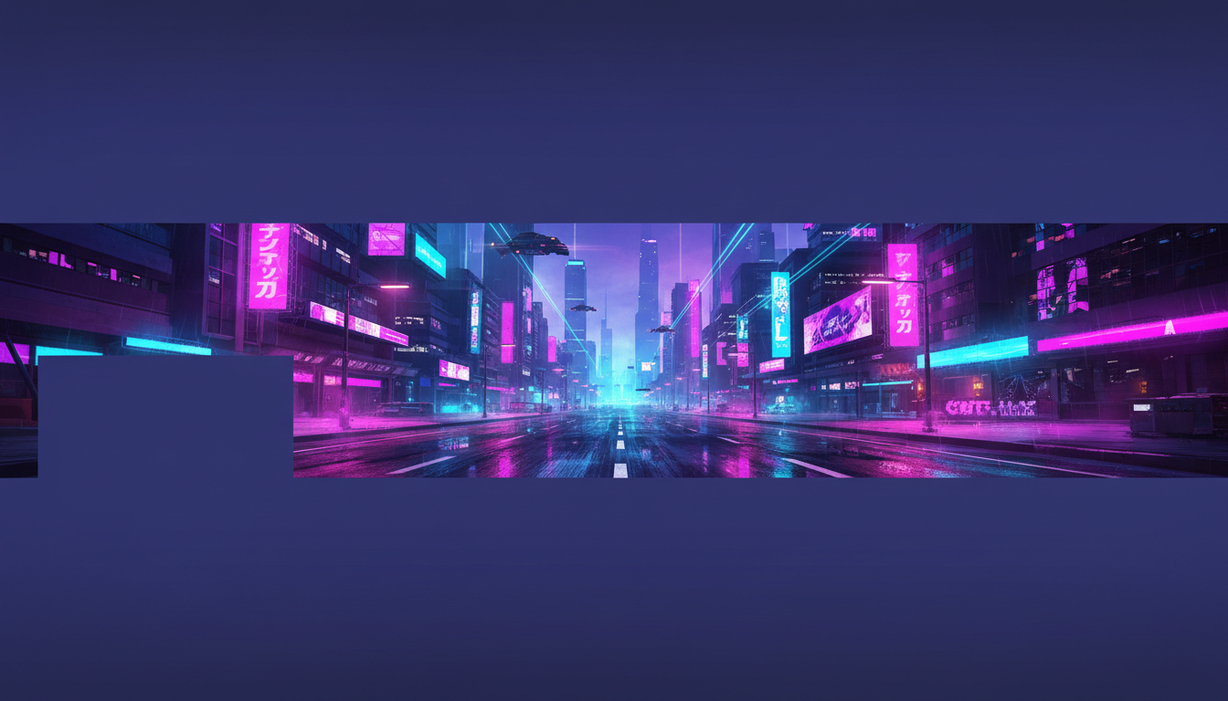 AI Discord banner generator example — a neon cyberpunk street letterboxed into a central band with a grey rectangle drawn at the lower left