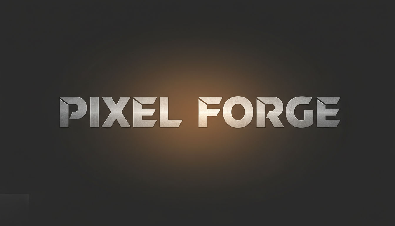 AI Discord banner generator example — the server name PIXEL FORGE in brushed metal capitals on a dark charcoal Discord banner