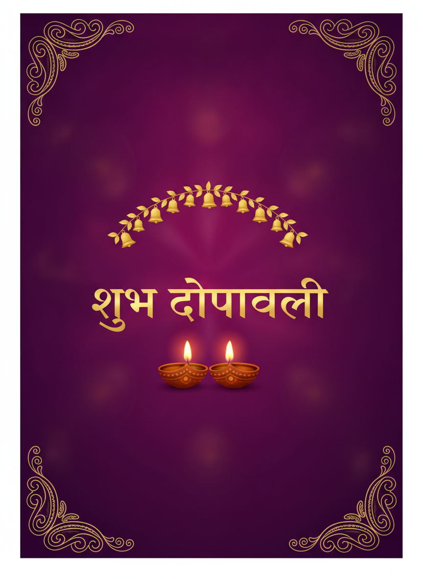 AI Diwali card generator example — a purple and gold Diwali greeting card with a Hindi Devanagari greeting, paisley corners, a bell arch and two lit diya lamps