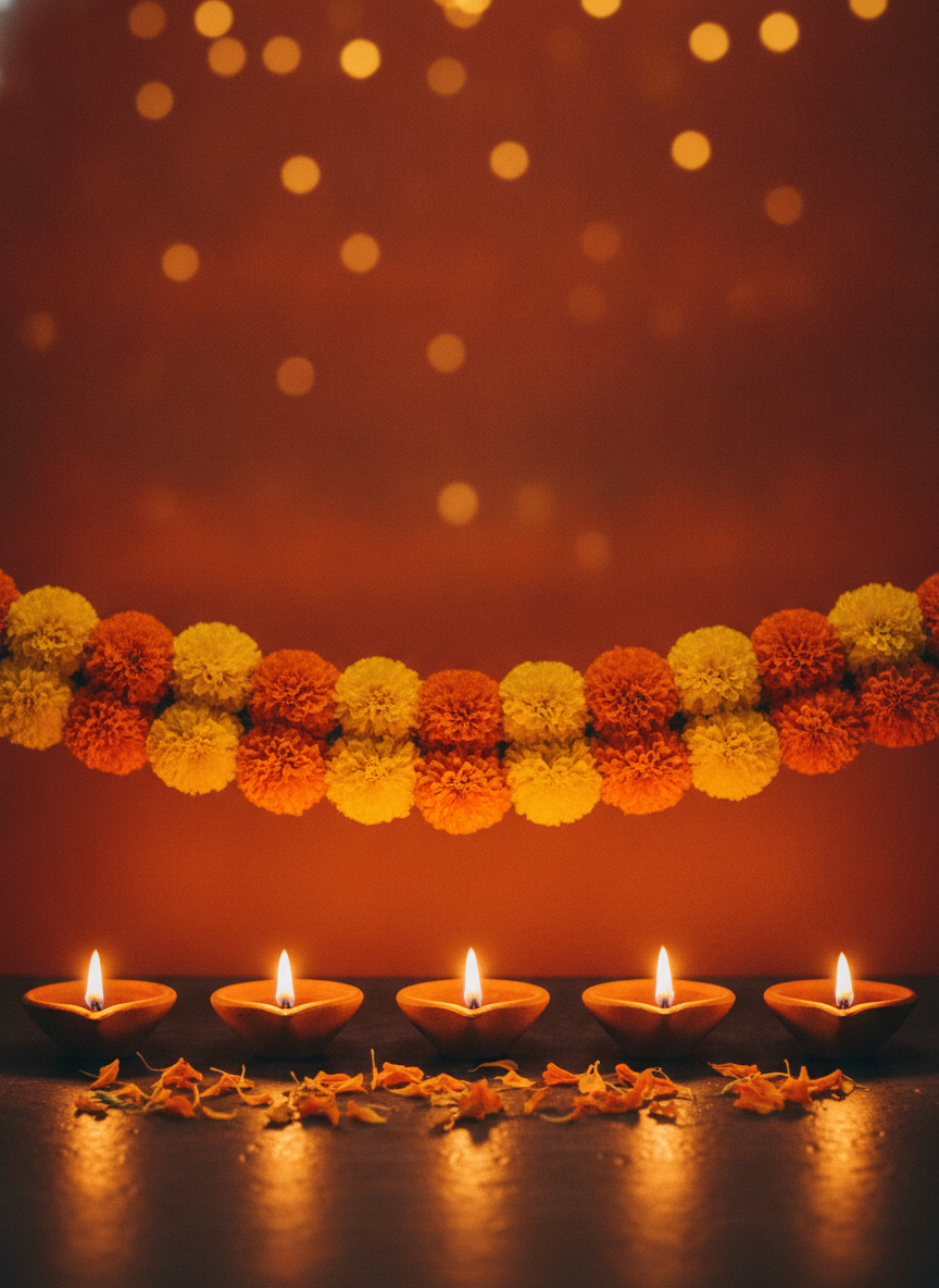 AI Diwali card generator example — five lit terracotta diya lamps in a row beneath an orange and yellow marigold garland on a deep maroon background