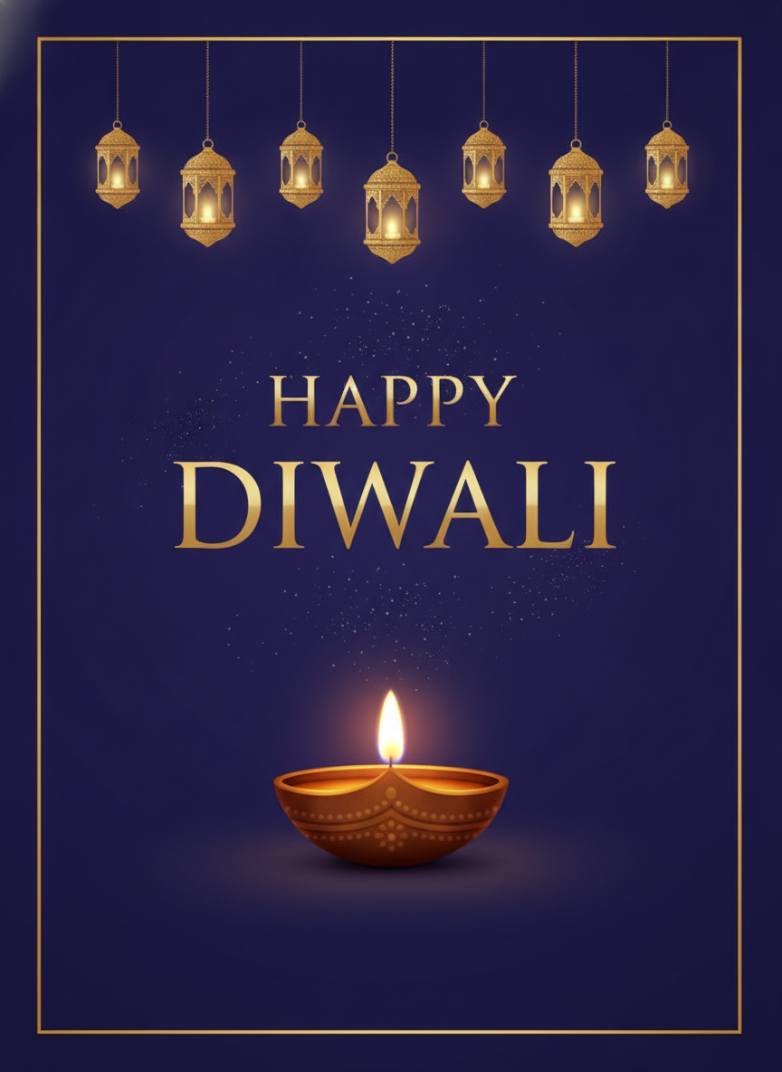 Diwali card maker example — a deep blue Diwali greeting card with HAPPY DIWALI in gold serif capitals, hanging gold lanterns and a lit clay diya