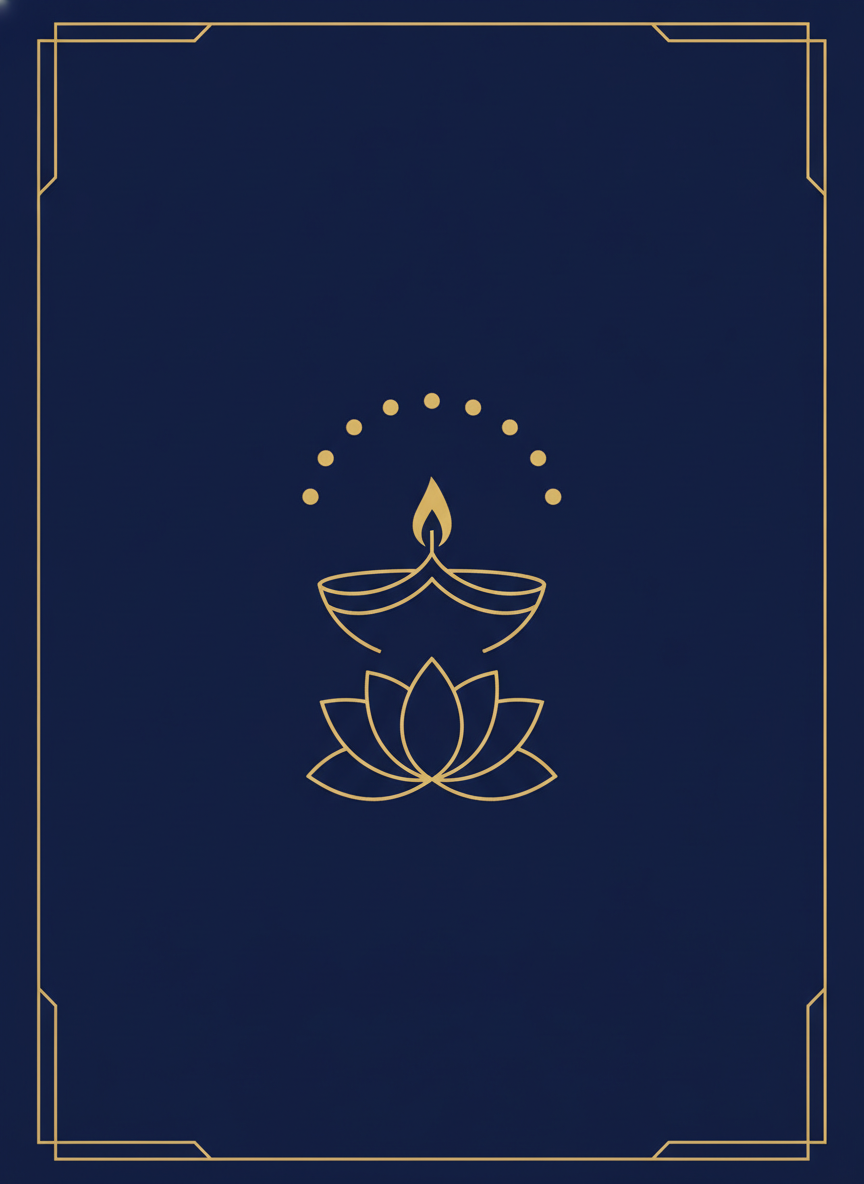 AI Diwali card generator example — a minimal navy and gold corporate Diwali card with a line art diya above a lotus and an arc of gold dots