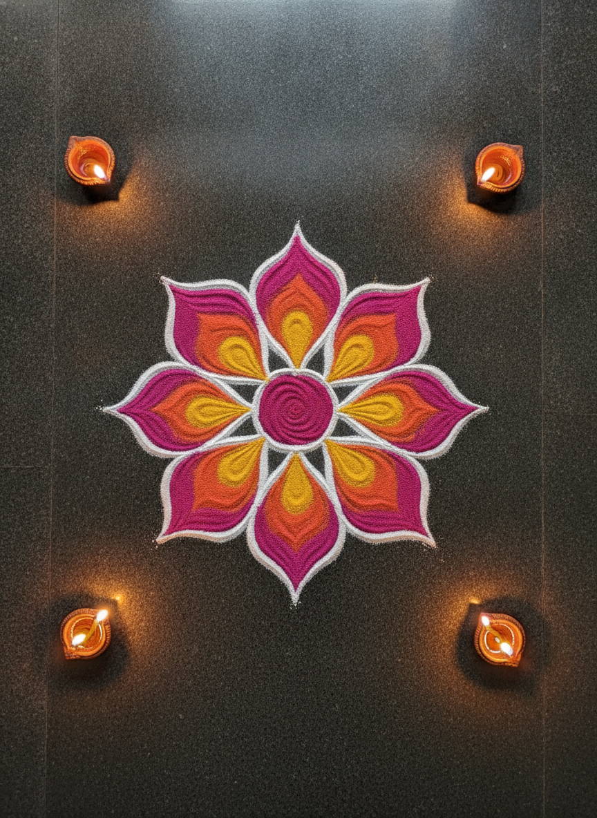 AI rangoli design example — a circular eight petal rangoli in magenta, orange and yellow powder on a dark floor with four lit diya lamps around it
