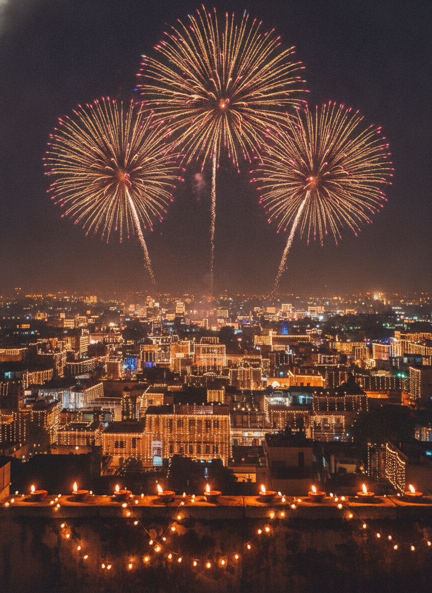 Diwali greeting card generator example — fireworks bursting over a lit Indian city skyline at night with a row of diya lamps and fairy lights on a rooftop parapet