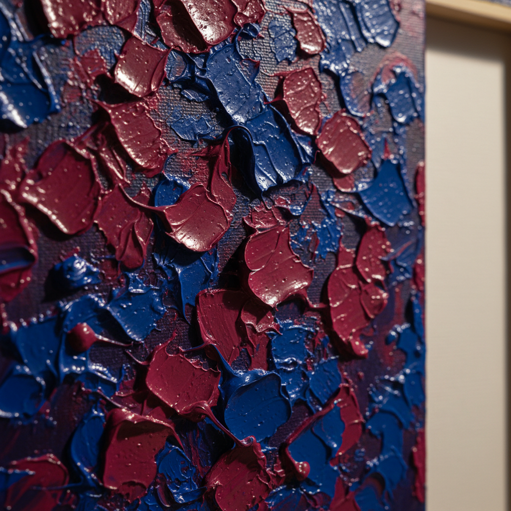 Macro detail of thick impasto oil paint strokes in crimson and cobalt on canvas under raking studio light, showing the brush texture a custom art style can hold