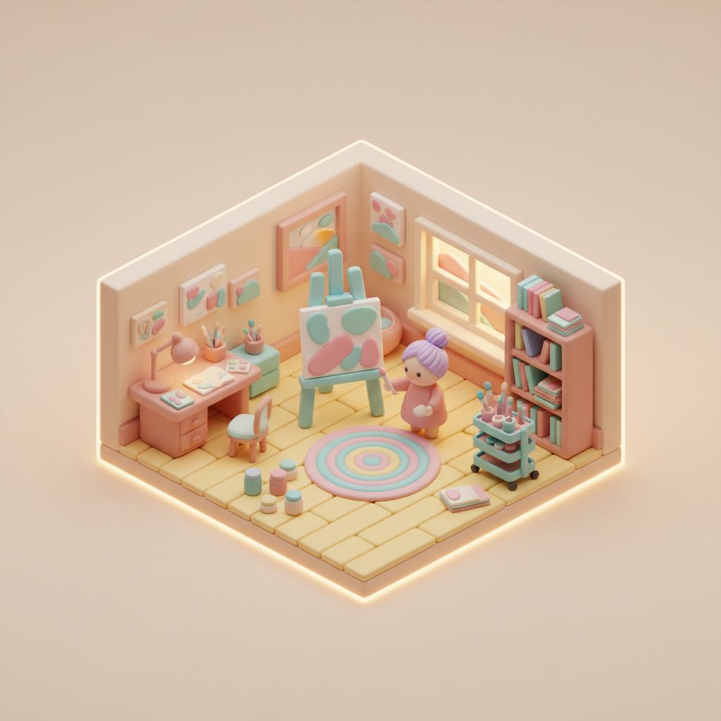 Isometric miniature diorama of a tiny artist studio rendered in soft pastel clay with warm rim lighting, a personalized art style for product and concept work