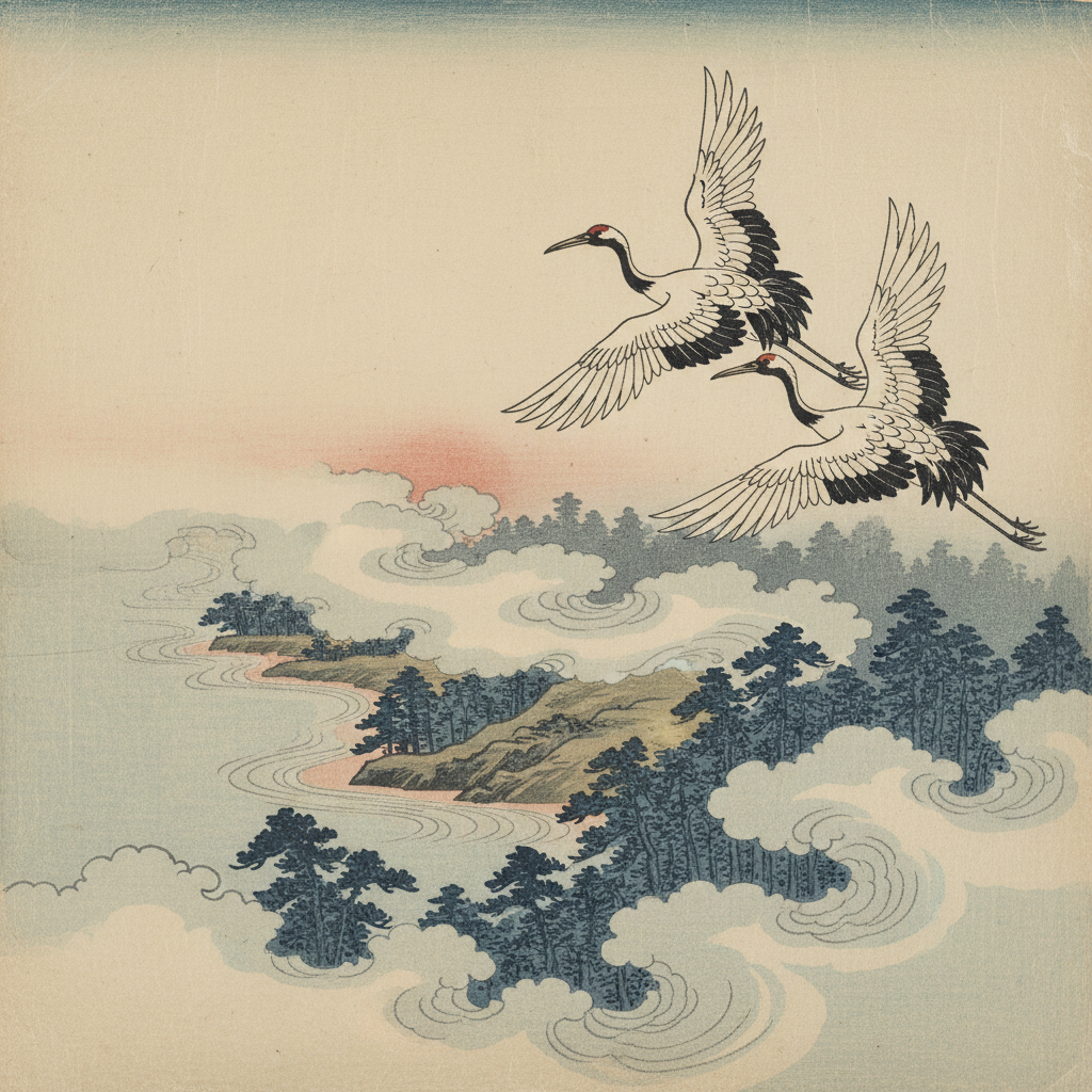 Japanese ukiyo-e woodblock print of two red-crowned cranes flying over a misty pine grove at dawn, flat inked colours and aged washi paper grain from a custom art creation preset