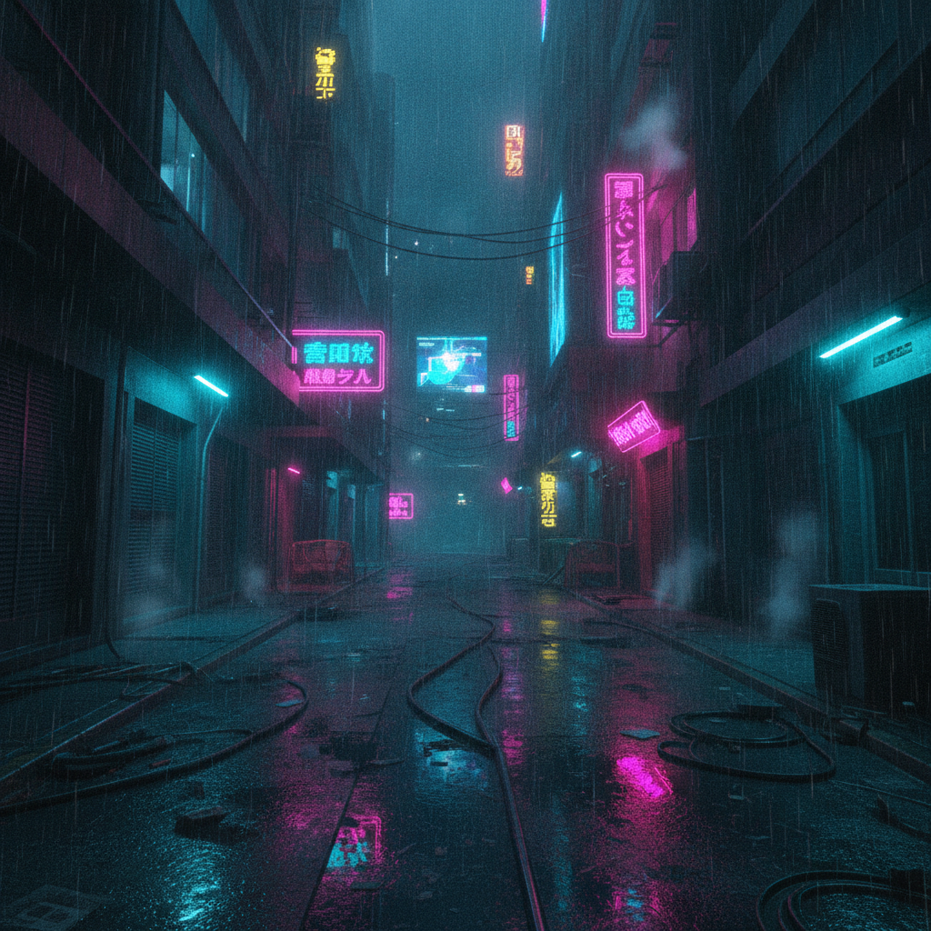 Cyberpunk neon-lit alleyway in the rain with magenta and cyan reflections on wet asphalt and volumetric fog, a cinematic AI art customization style