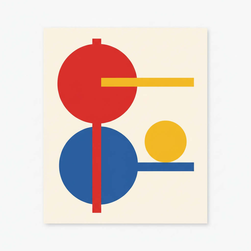 Minimal Bauhaus geometric poster composition with primary red, yellow and blue circles and bars on cream, a flat graphic AI art customization style