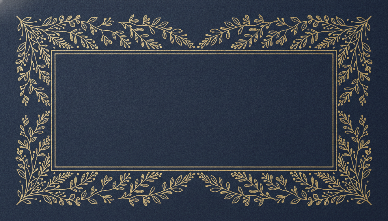AI gift certificate template example — a navy gift certificate with a gold botanical foil frame and a deliberately empty centre for your own wording