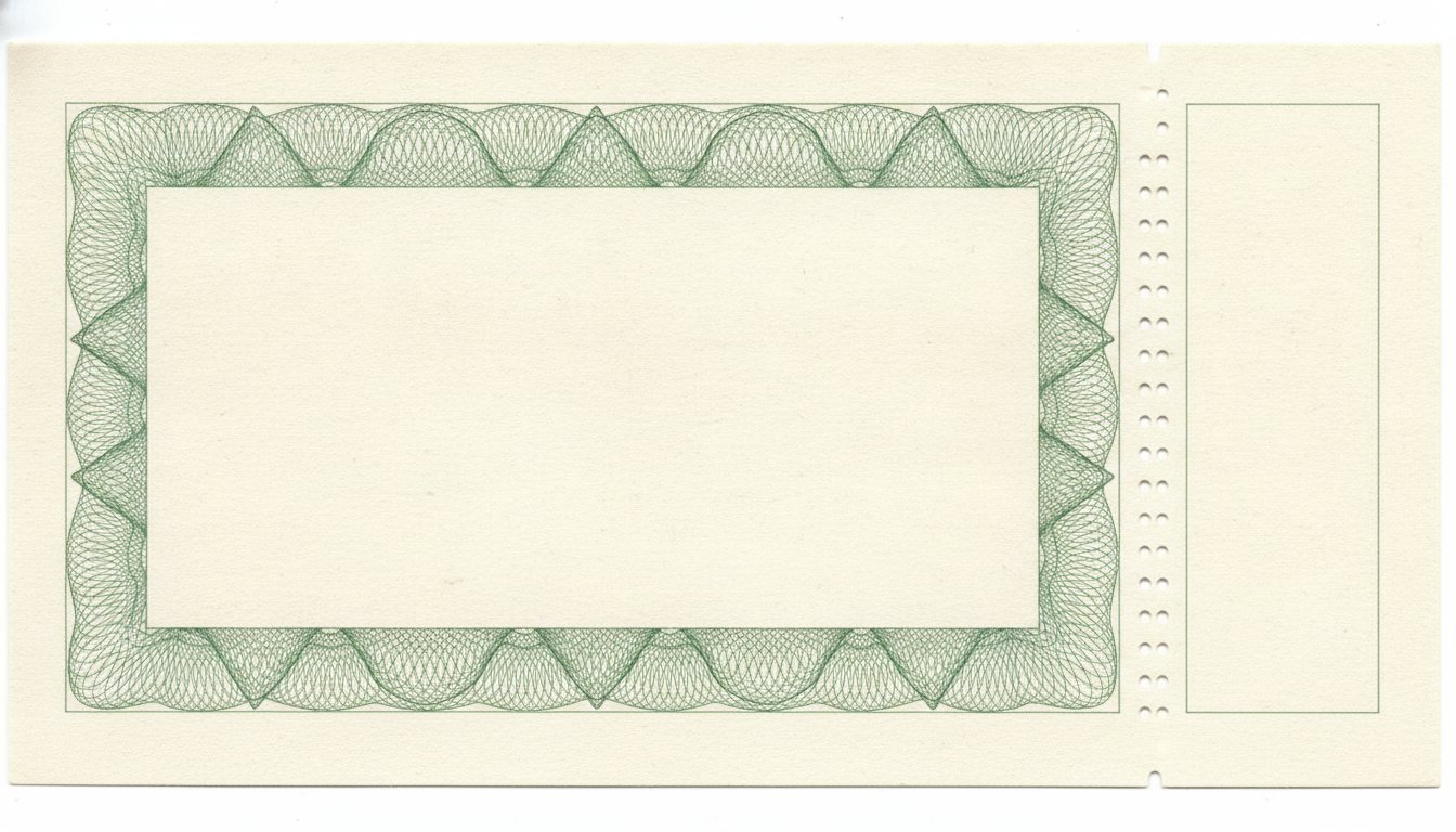 AI gift voucher example — a cream voucher with an engraved green guilloche border and a perforated tear-off stub down the right hand side
